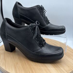 Clarks Bendables 8.5 M Black Leather Lace Up Block Heel Oxford Shoes 8.5M